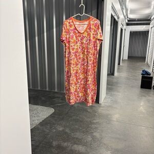 Dreams Co. Floral Nightgown PJs with Orange V-Neck Trim Short Sleeves M/L Slits